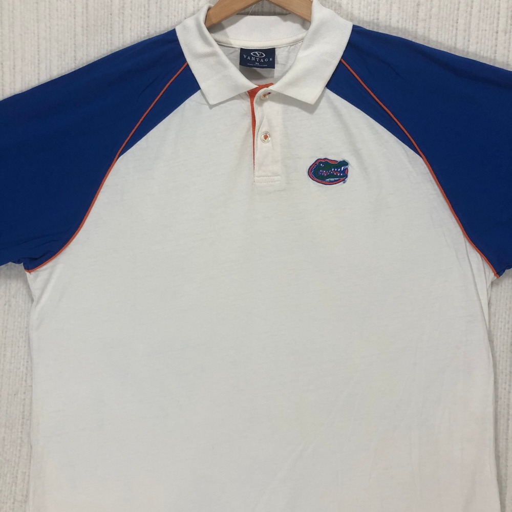 Vantage‎ Florida Gators Polo Shirt Mens XL White Blue Raglan Cotton 2415BLS3